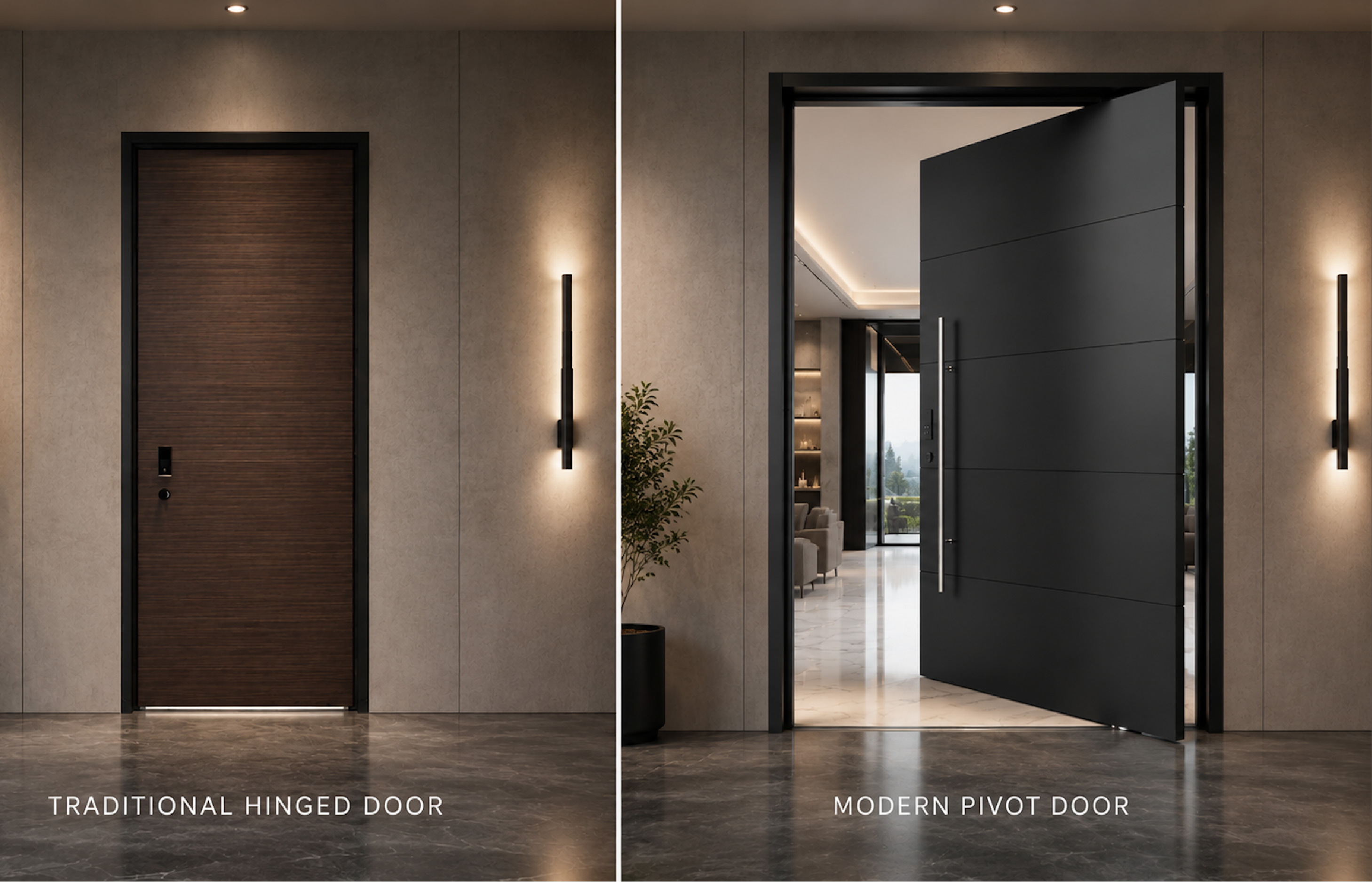 Side-by-side comparison: traditional hinged door vs modern pivot door