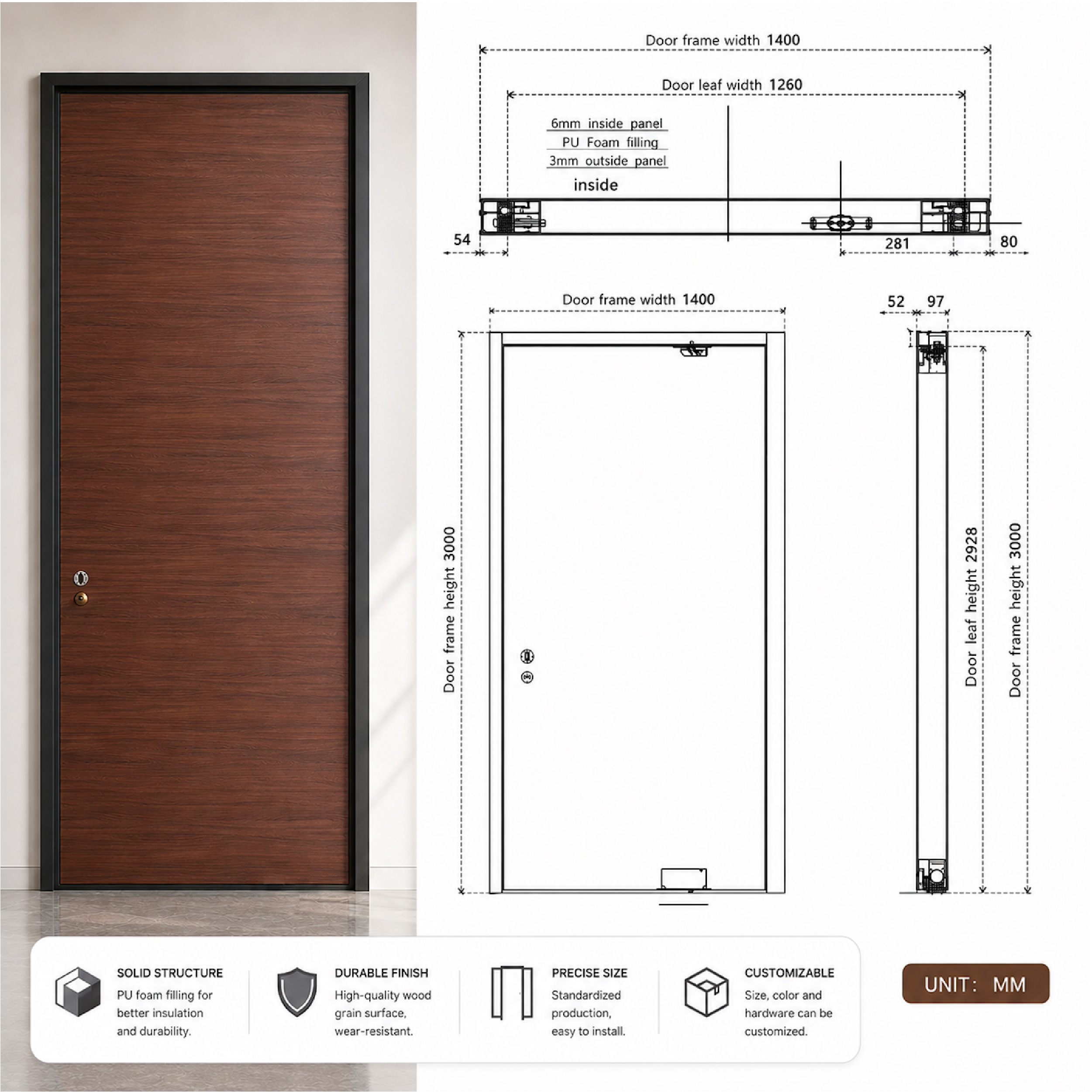 Pivot door structural cross-section showing steel frame and reinforcement
