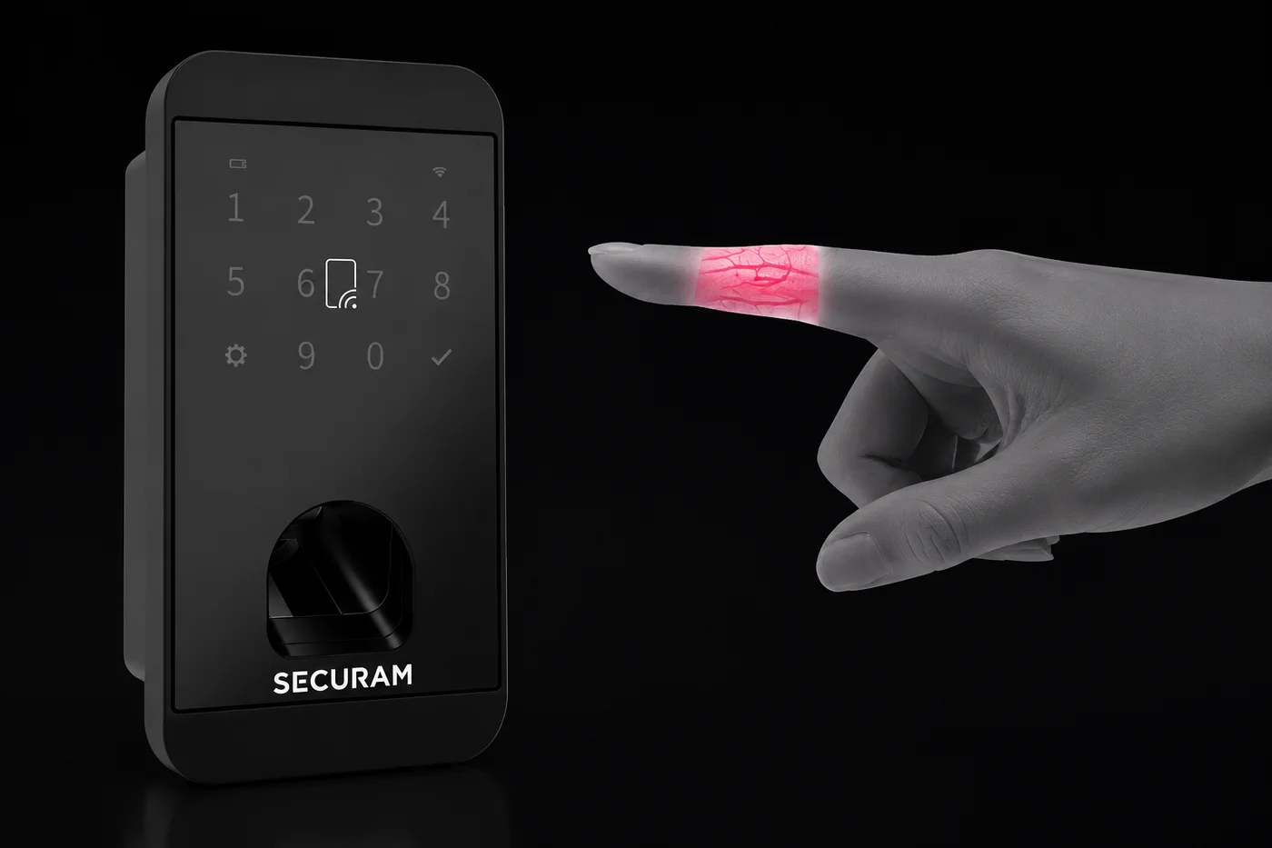SECURAM finger vein recognition smart lock showing vascular biometric authentication
